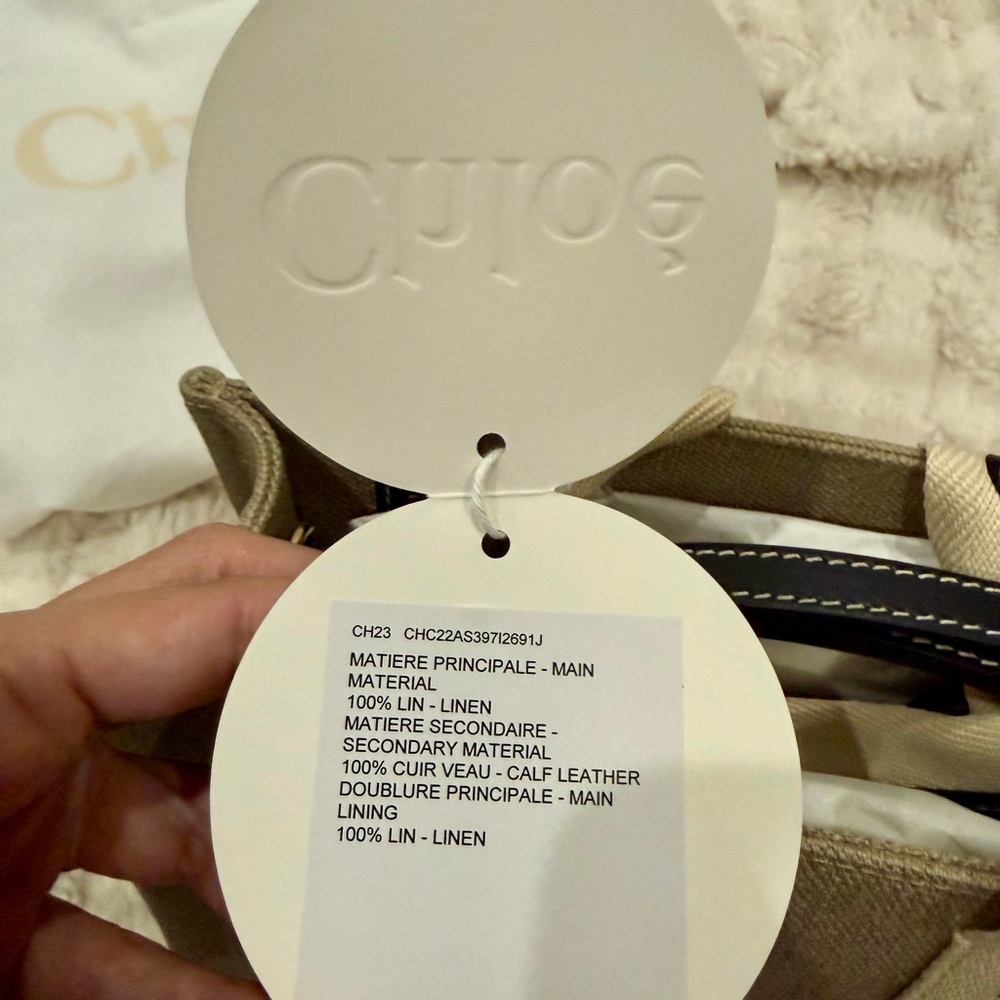Chloé Beige Canvas Mini Woody Tote with Blue Trim and Logo Straps - Picture 2 of 10